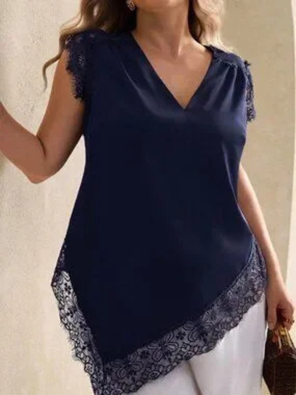 Navy Blue Casual Women's Plants V-Neck Lace Trim Asymmetric Hem Regular Fit Top